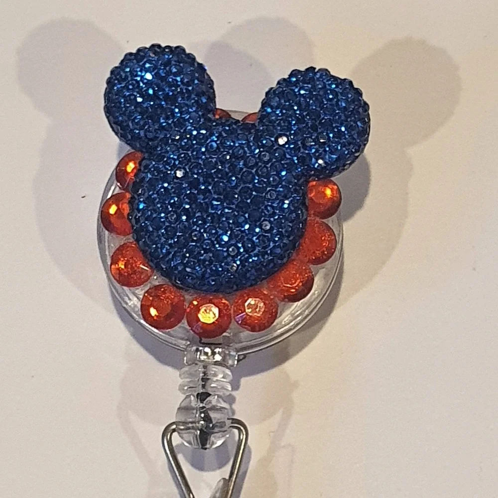 Blue Mouse Rhinestone‎ Retractable Badge Reel ID Holder Orange Sparkle Disney